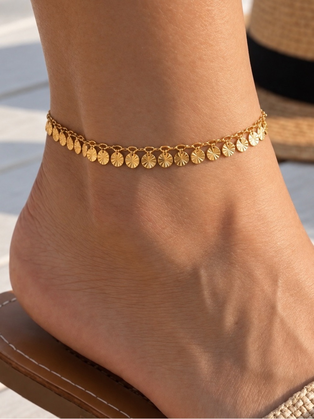 14k Gold Plated Dainty Disc Charm Anklet Water Resistant Adjustable